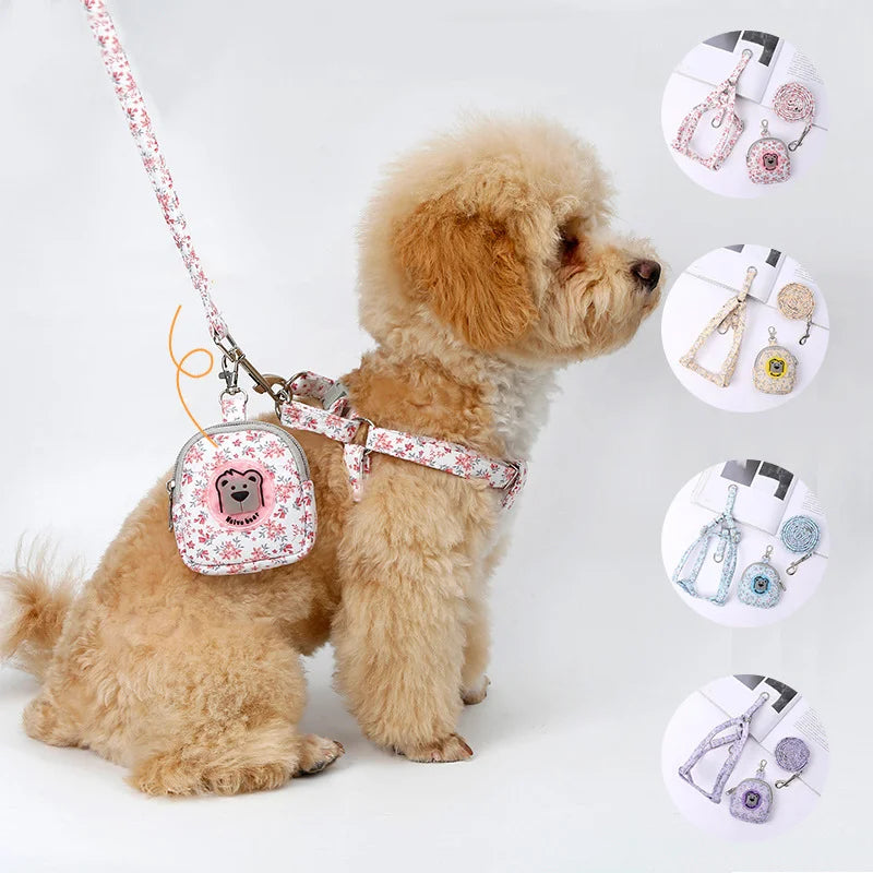 Pet Harness Leash Set Floral Dog Backpack Chest Harness